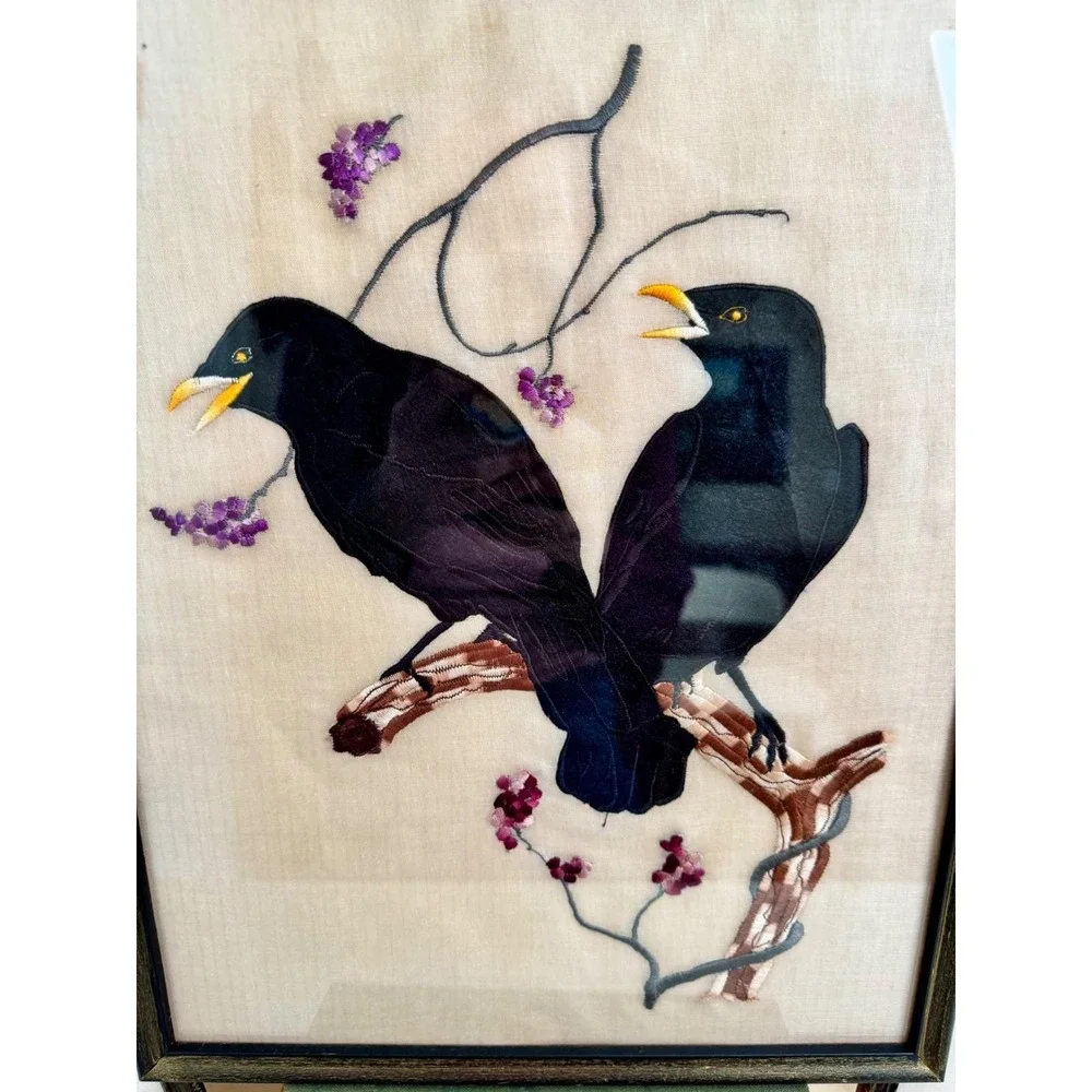 VTG Crow Bird Silk Embroidery Set 3 Wall Art Boho Whimsigoth Decor Framed
